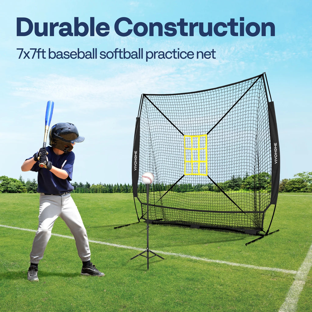 7' X 7' Baseball Softball Practice Net with Extra Large Ball Collection System, Black