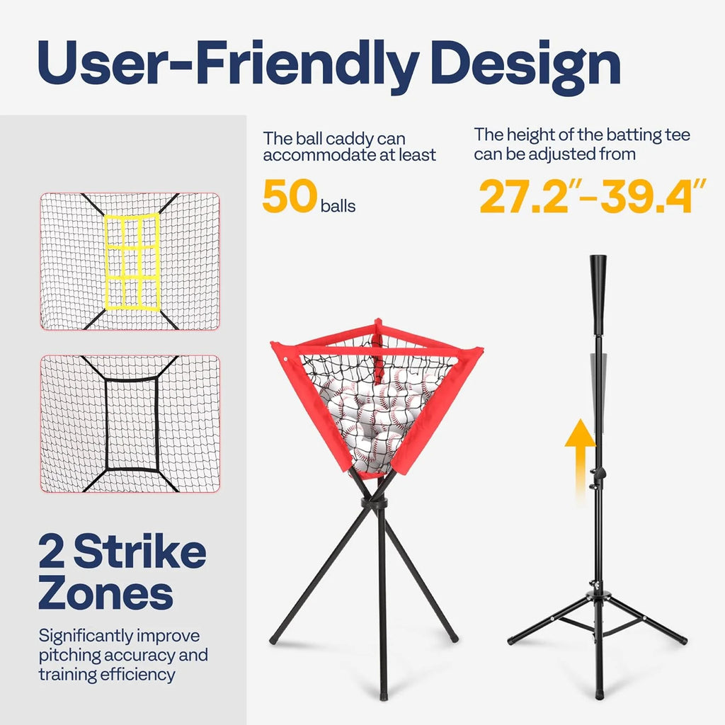 Baseball Net, 7 X 7 Ft Baseball Softball Hitting Net with Large Ball Collection System, with 2 Strike Zone, Batting Tee, Carry Bag