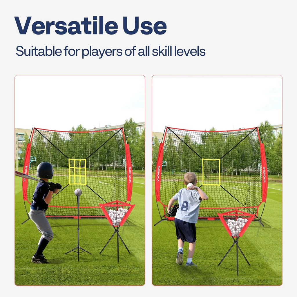 Baseball Net, 7 X 7 Ft Baseball Softball Hitting Net with Large Ball Collection System, with 2 Strike Zone, Batting Tee, Carry Bag
