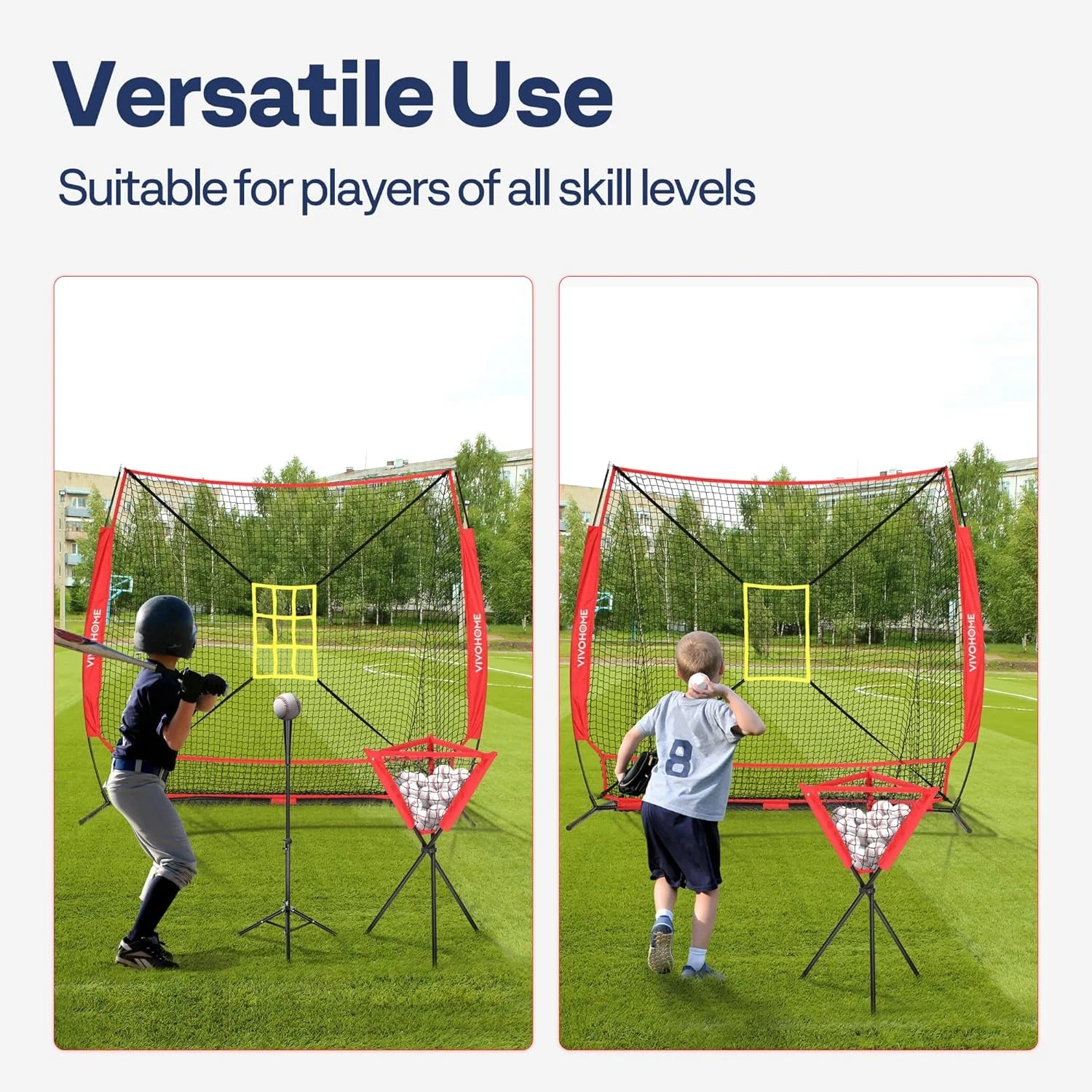 Baseball Net, 7 X 7 Ft Baseball Softball Hitting Net with Large Ball Collection System, with 2 Strike Zone, Batting Tee, Carry Bag