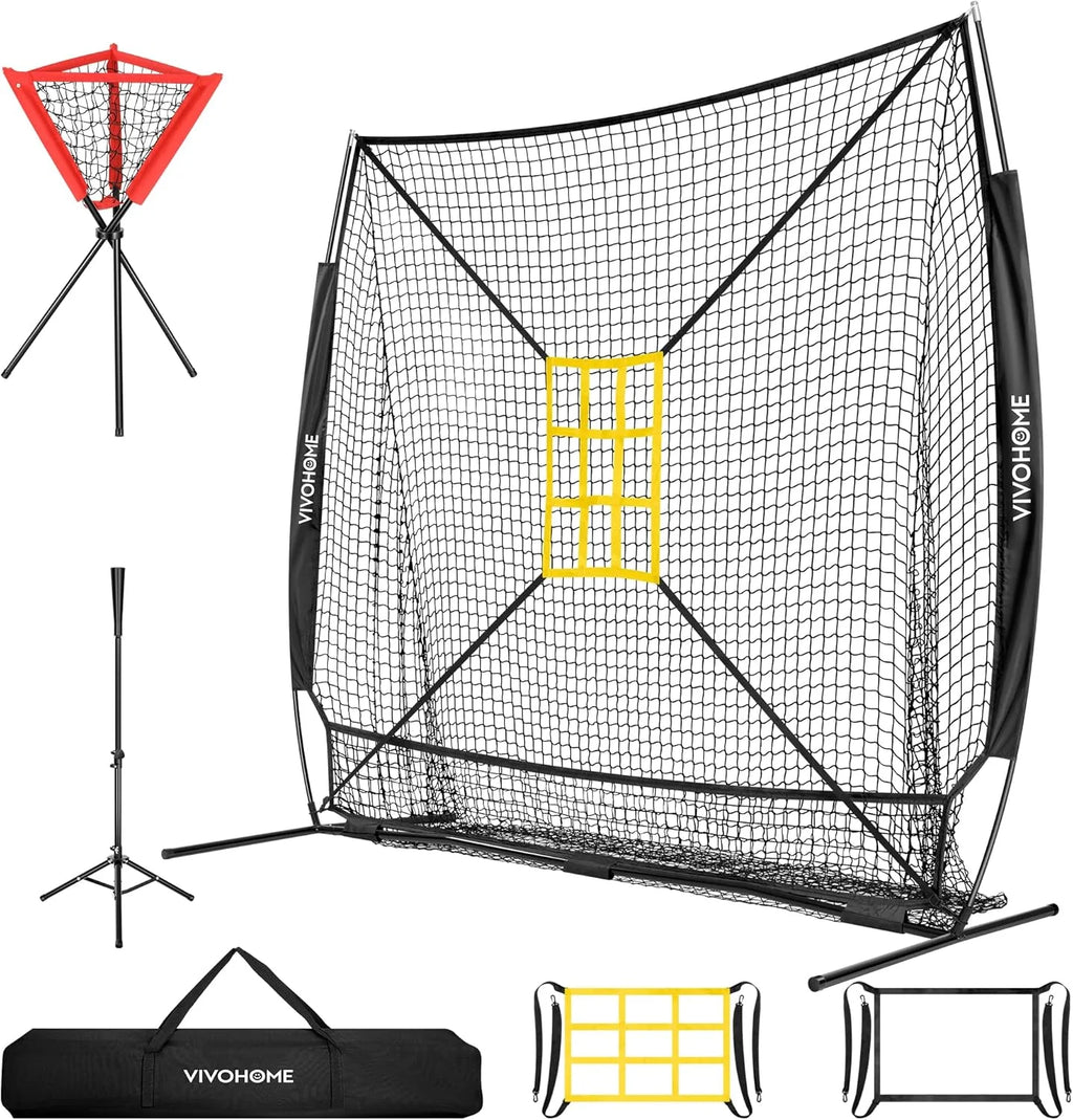 Baseball Net, 7 X 7 Ft Baseball Softball Hitting Net with Large Ball Collection System, with 2 Strike Zone, Batting Tee, Carry Bag