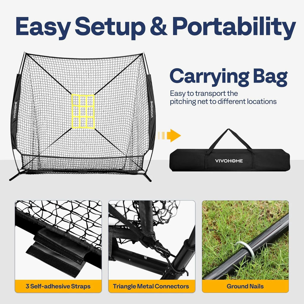 Baseball Net, 7 X 7 Ft Baseball Softball Hitting Net with Large Ball Collection System, with 2 Strike Zone, Batting Tee, Carry Bag
