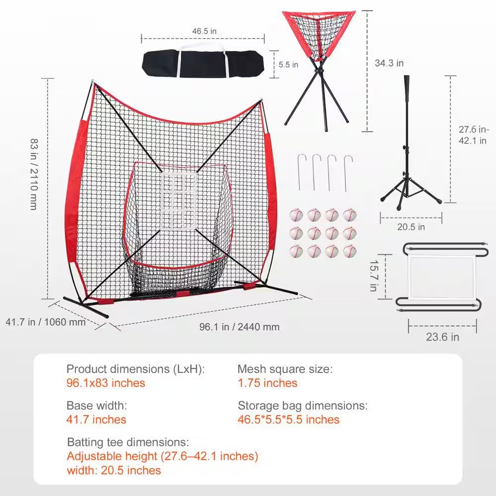 7 Ft. X 7 Ft. Baseball Softball Practice Net, Portable Training Net, Carry Bag, Tee, 12 Balls