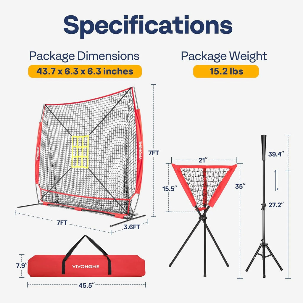 Baseball Net, 7 X 7 Ft Baseball Softball Hitting Net with Large Ball Collection System, with 2 Strike Zone, Batting Tee, Carry Bag