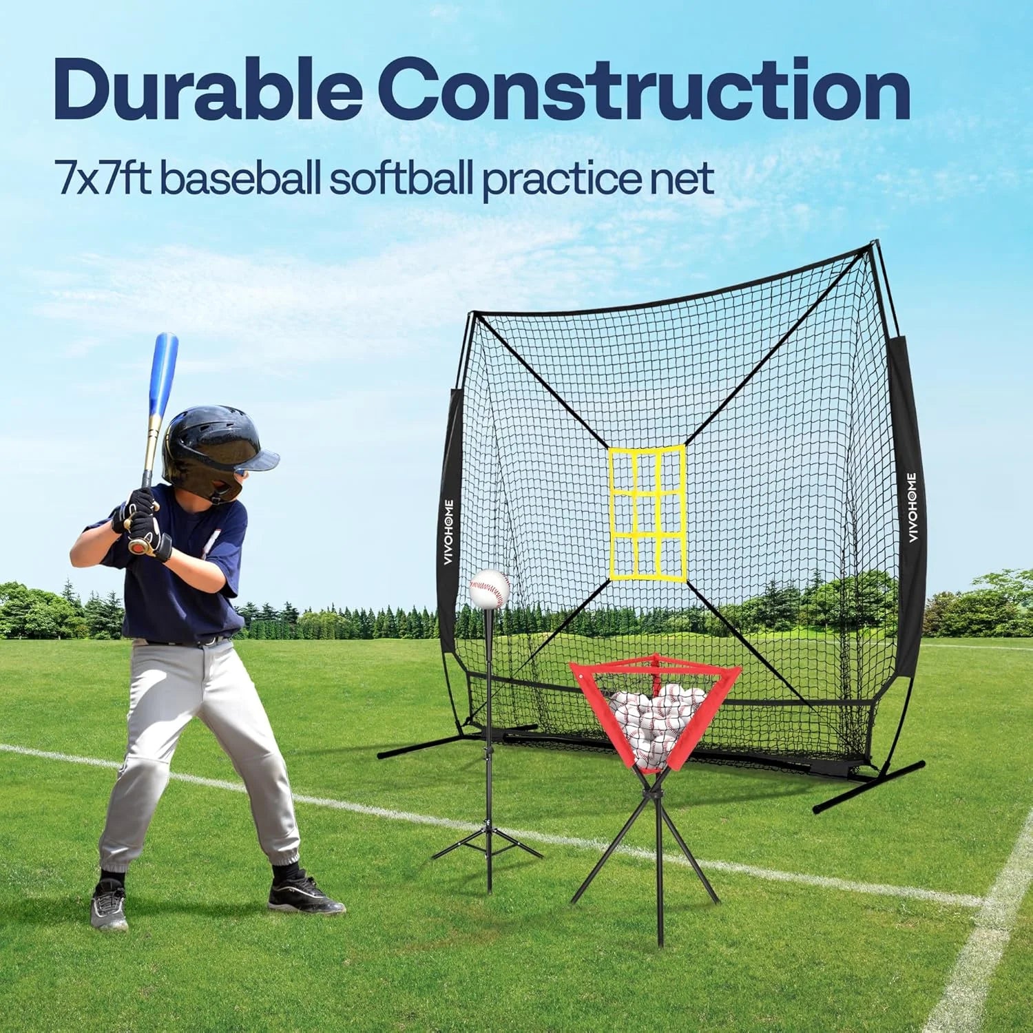 Baseball Net, 7 X 7 Ft Baseball Softball Hitting Net with Large Ball Collection System, with 2 Strike Zone, Batting Tee, Carry Bag