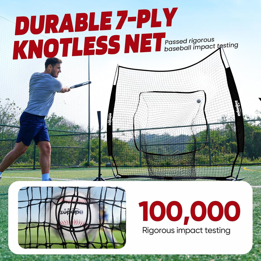7X7 Feet Baseball Softball Hitting Pitching Net Tee Caddy Set with Strike Zone, Baseball Backstop Practice Net for Pitching Batting Catching for All Skill Levels