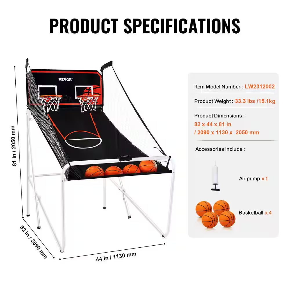 Foldable Basketball Arcade Game 2 Player Indoor Basketball Game with 4 Balls 8 Game Modes Family Dual Shooting Movement