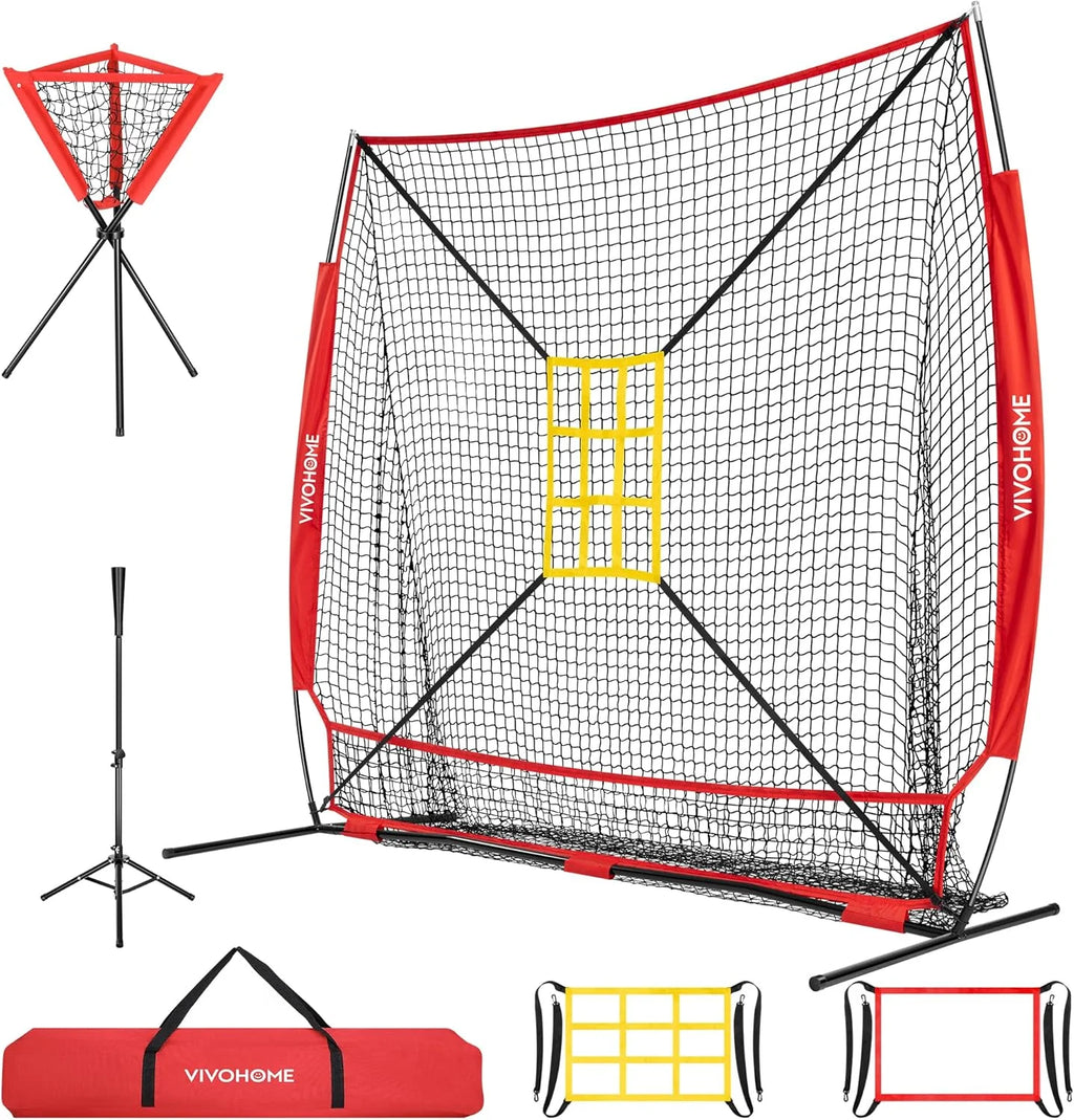 Baseball Net, 7 X 7 Ft Baseball Softball Hitting Net with Large Ball Collection System, with 2 Strike Zone, Batting Tee, Carry Bag