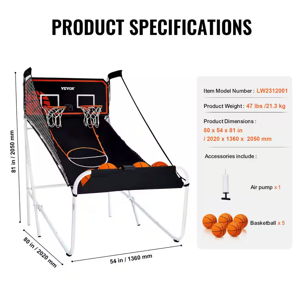 Foldable Basketball Arcade Game 2 Player Indoor Basketball Game with 5 Balls, 8 Game Modes Home Dual Shot Sport