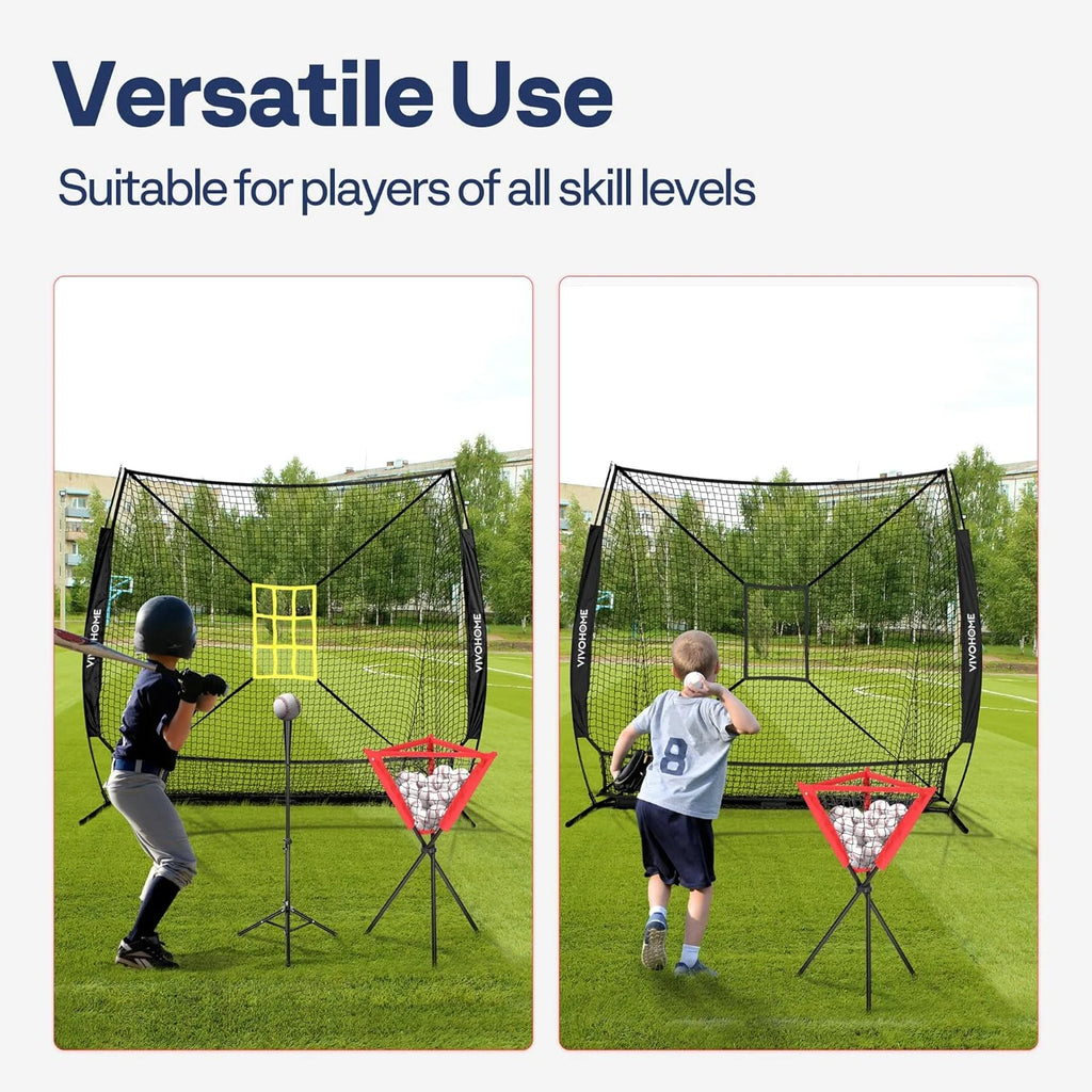 Baseball Net, 7 X 7 Ft Baseball Softball Hitting Net with Large Ball Collection System, with 2 Strike Zone, Batting Tee, Carry Bag