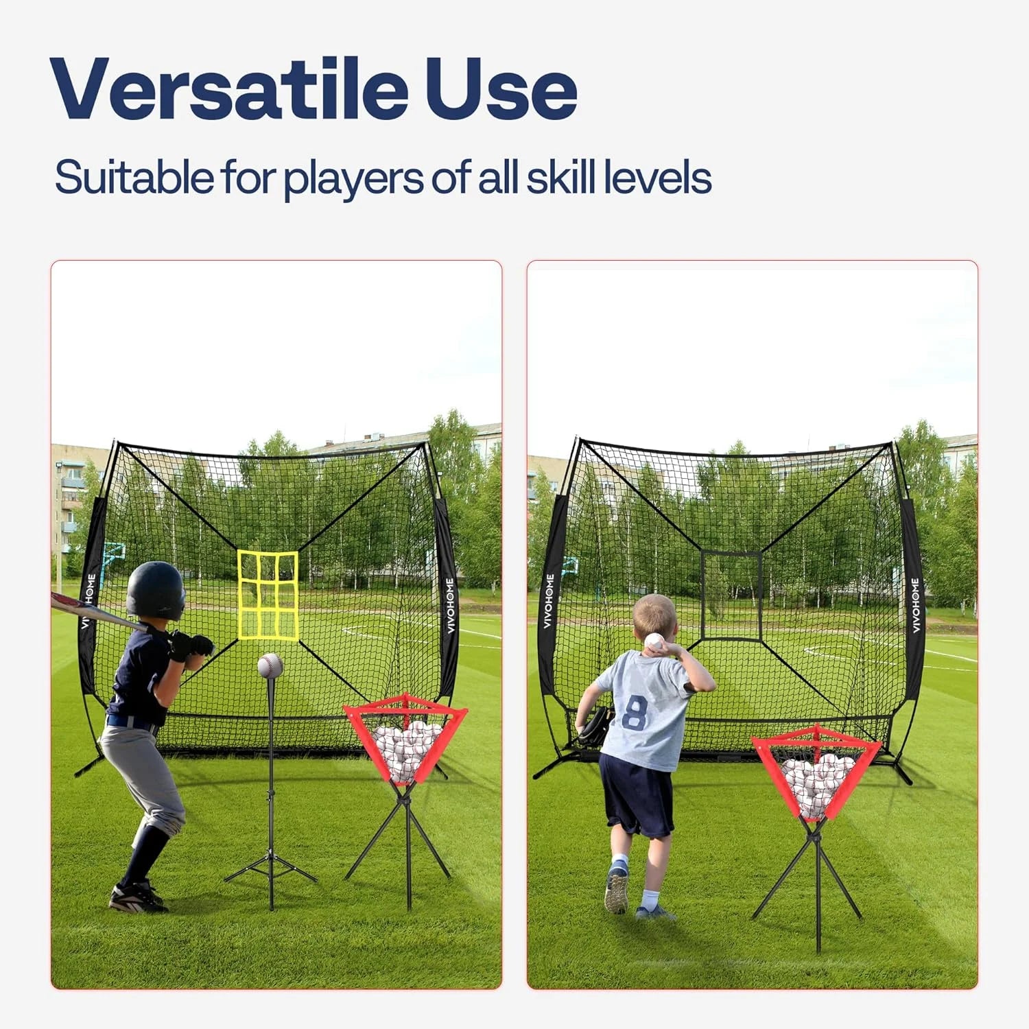 Baseball Net, 7 X 7 Ft Baseball Softball Hitting Net with Large Ball Collection System, with 2 Strike Zone, Batting Tee, Carry Bag