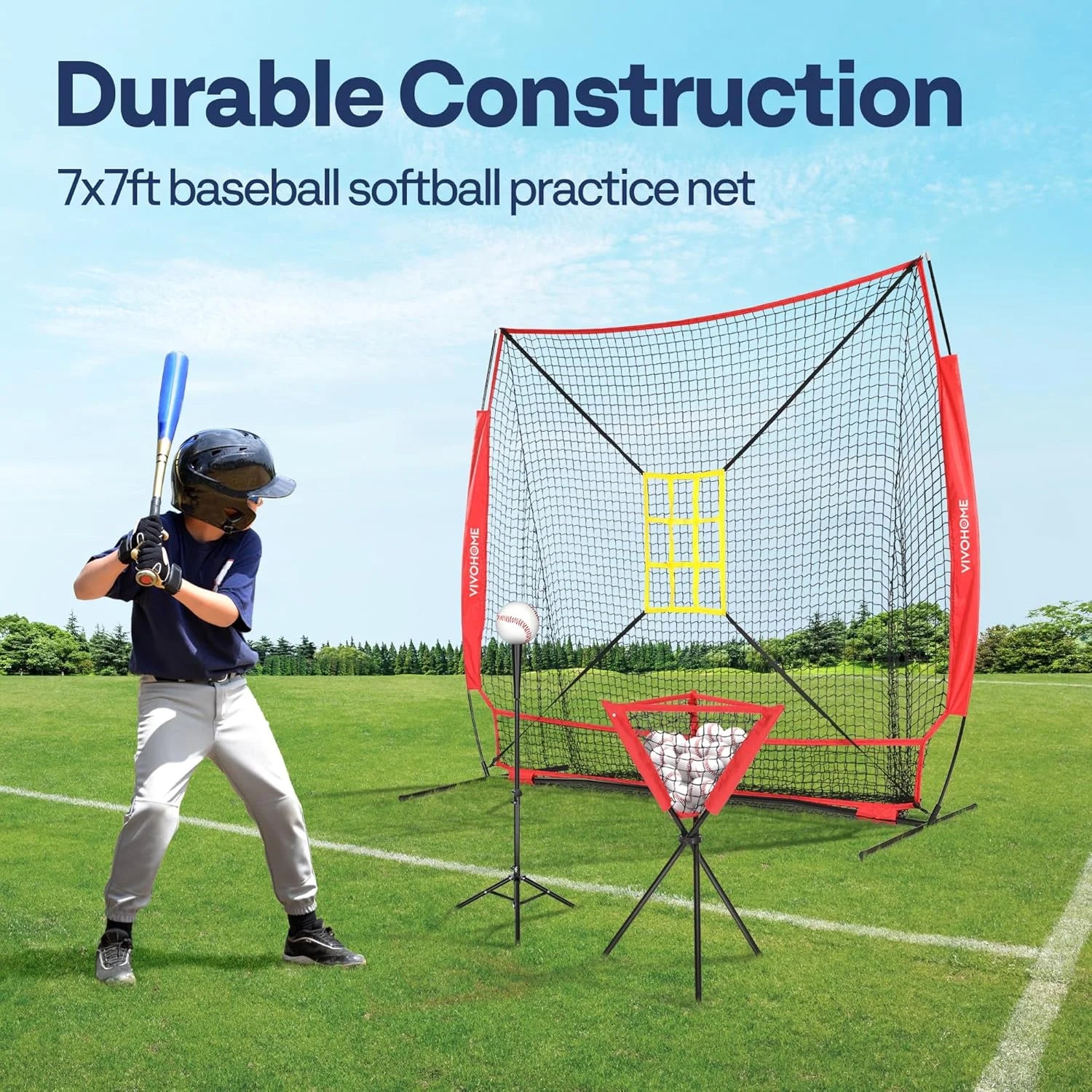 Baseball Net, 7 X 7 Ft Baseball Softball Hitting Net with Large Ball Collection System, with 2 Strike Zone, Batting Tee, Carry Bag