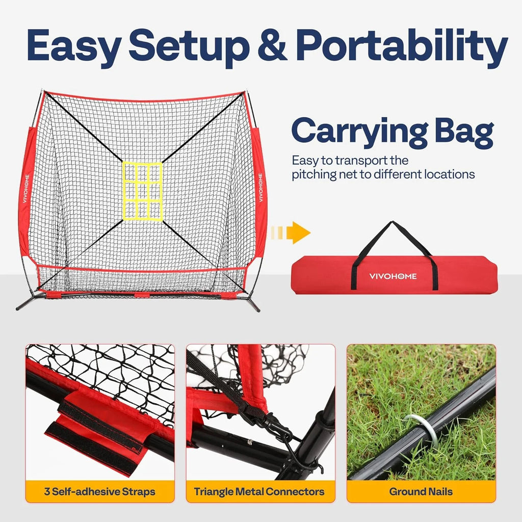 Baseball Net, 7 X 7 Ft Baseball Softball Hitting Net with Large Ball Collection System, with 2 Strike Zone, Batting Tee, Carry Bag