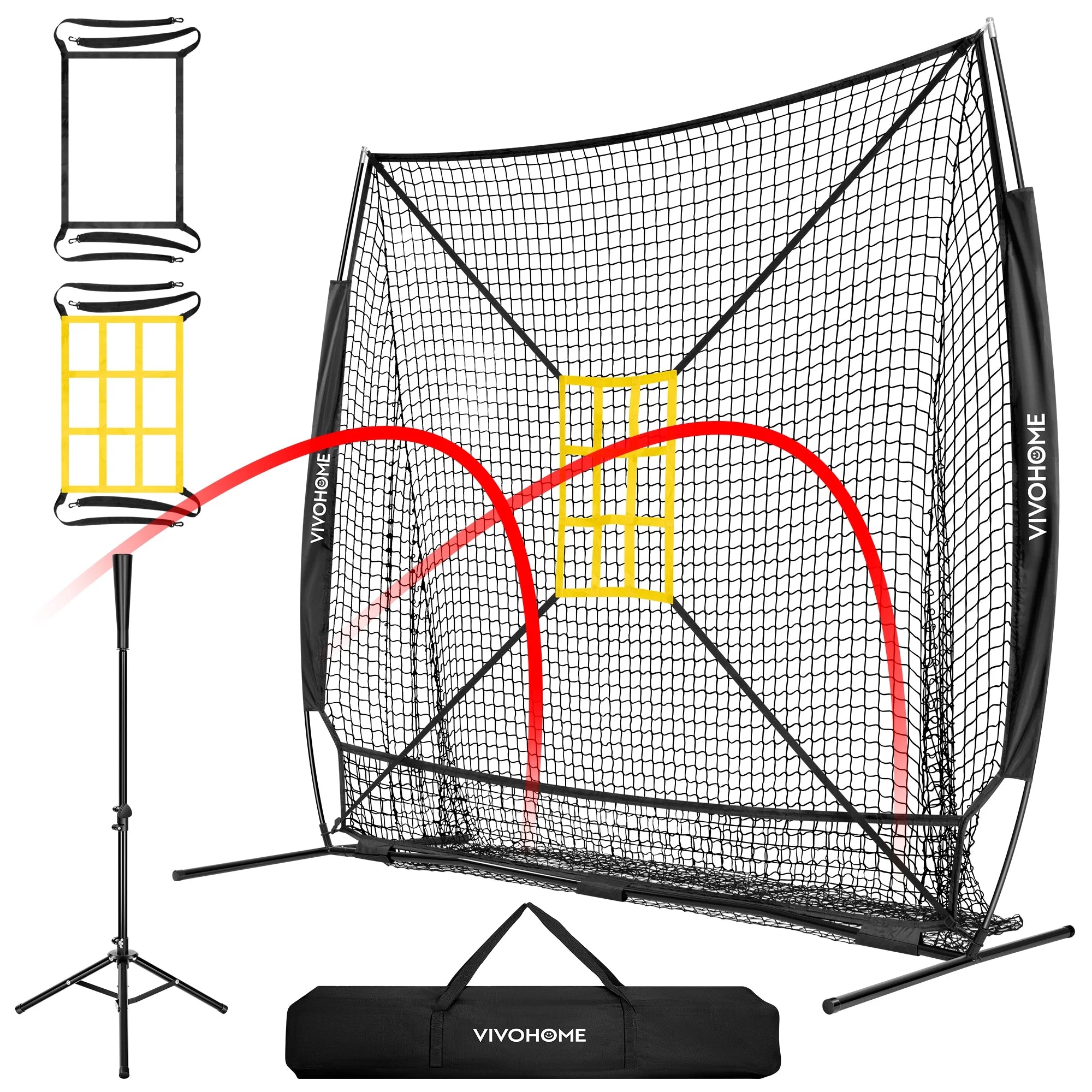 7' X 7' Baseball Softball Practice Net with Extra Large Ball Collection System, Black